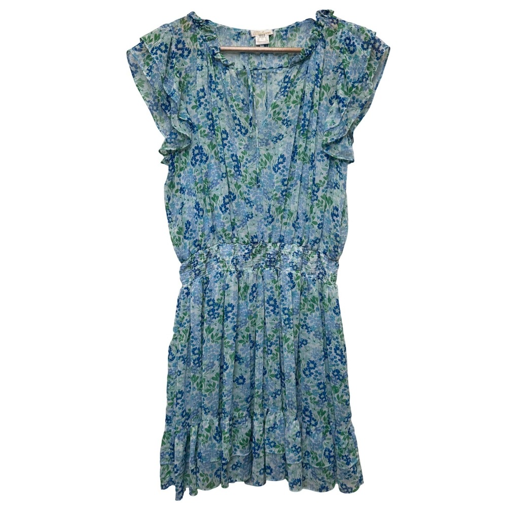Shoshanna Womens Mini Dress 12 Blue Floral Flutter Sleeve Smocked Cottagecore